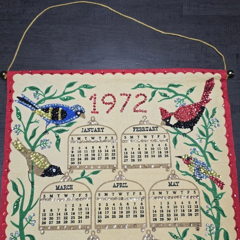 Vintage 1972 Felt Wall Calendar with Sequins, Bird Design